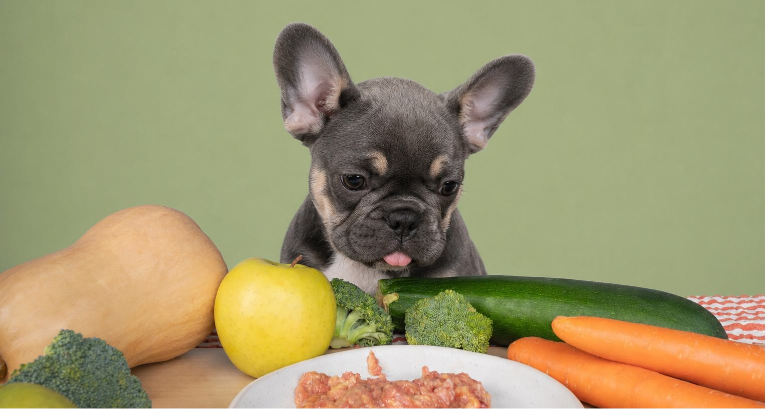 Perro junto a ingredientes frescos